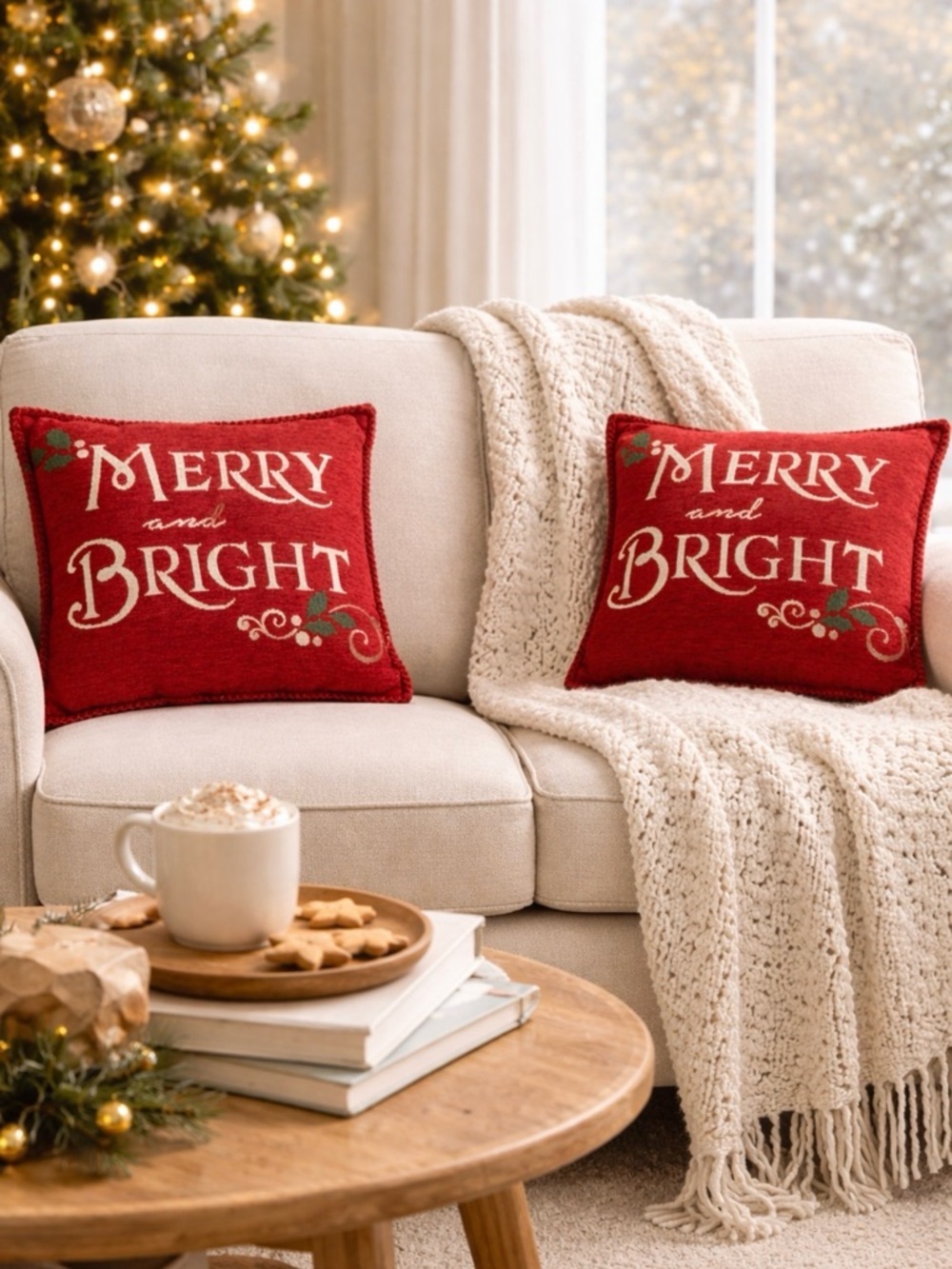SET OF 2 MERRY AND BRIGHT RED CHRISTMAS PILLOW HOLIDAY DECOR FARMHOUSE 16x16”